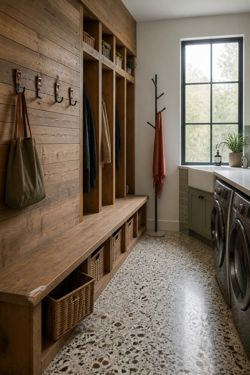 Rustic wooden mudroom with storage bench, hooks, tote bag, coats, baskets, and washing machines.