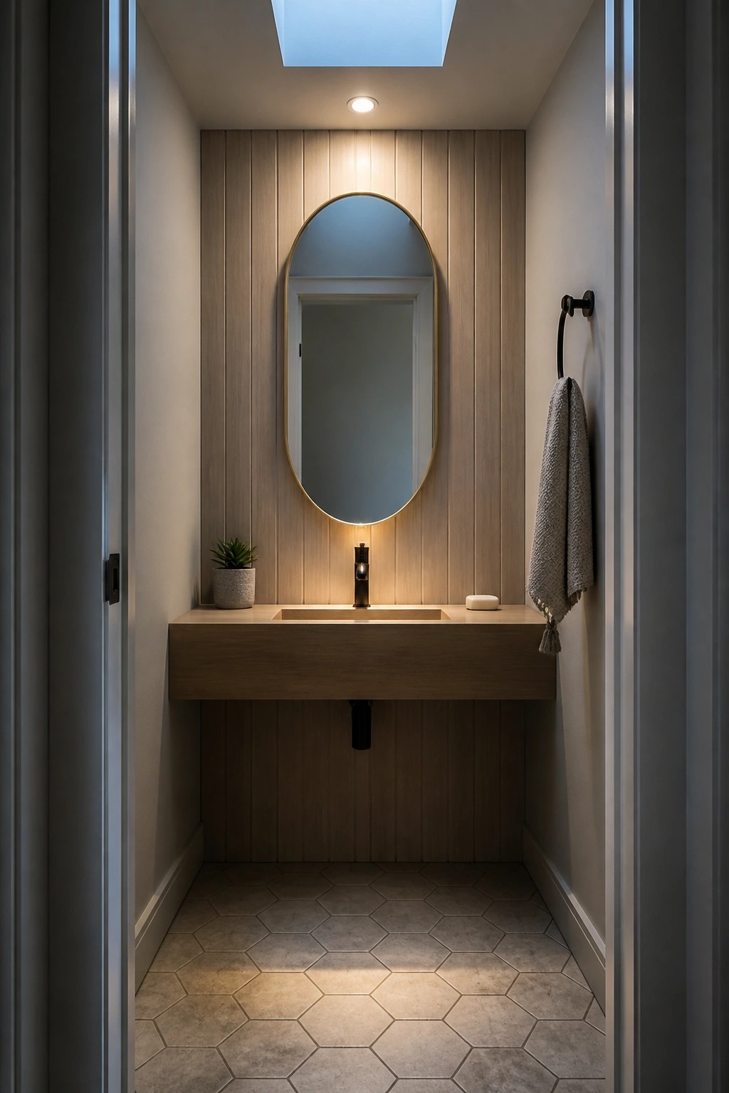 A narrow bathroom with vertical light wood slat walls, a floating wood vanity, oval mirror, and hexagonal tile floor.