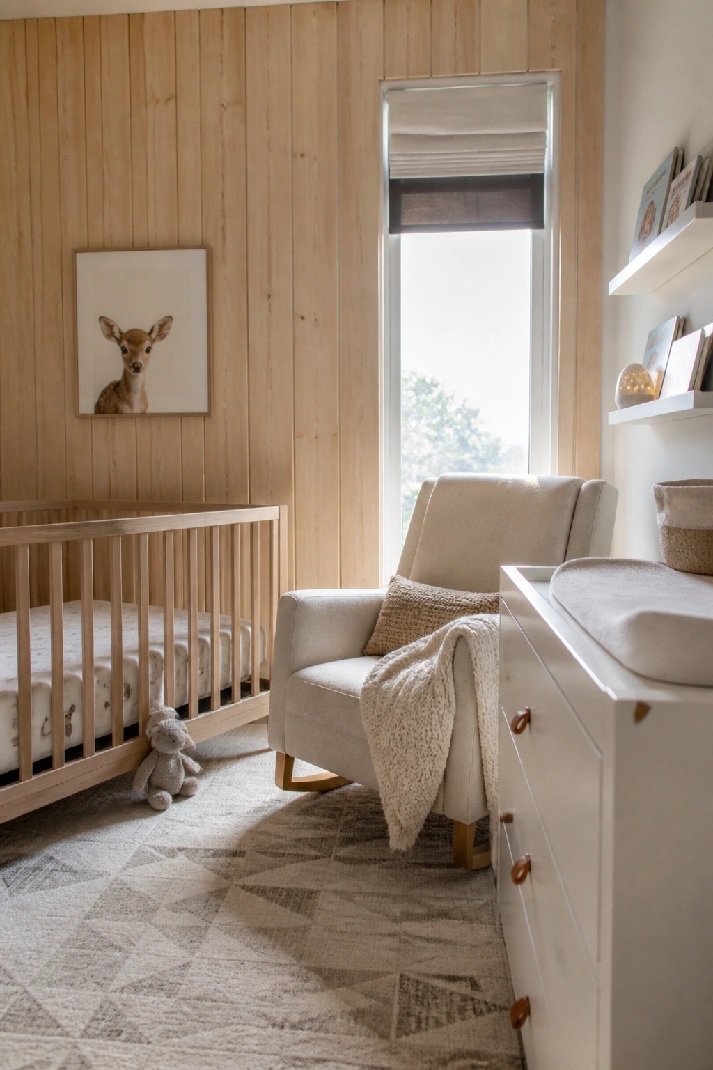 A nursery interior with vertical light wood paneling on the walls, a wooden crib, a beige rocking chair, and a white dresser beside a window.