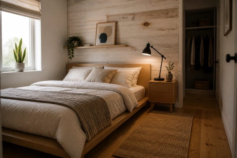 18 Smart Pallet Wall Ideas for Small Spaces That Add Texture Without Visual Clutter A bedroom featuring a light horizontal wood plank wall behind a bed with neutral bedding, a nightstand with a lamp, and a woven rug on the wood floor.
