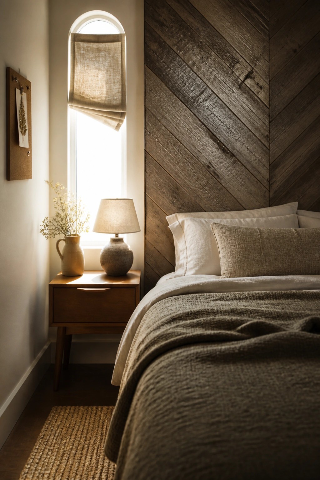 Cozy bedroom with dark herringbone wood wall, white linens, and arched window