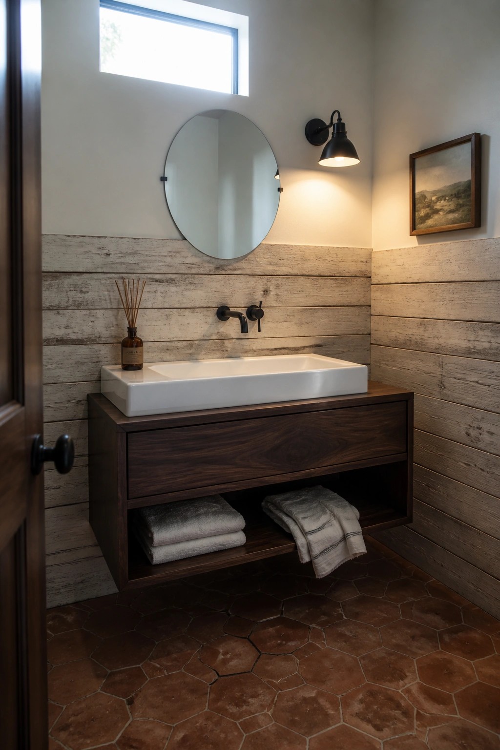A small bathroom with a white floating sink on a dark wood vanity, a round mirror above it, and a lower wall covered in horizontal reclaimed wood planks.