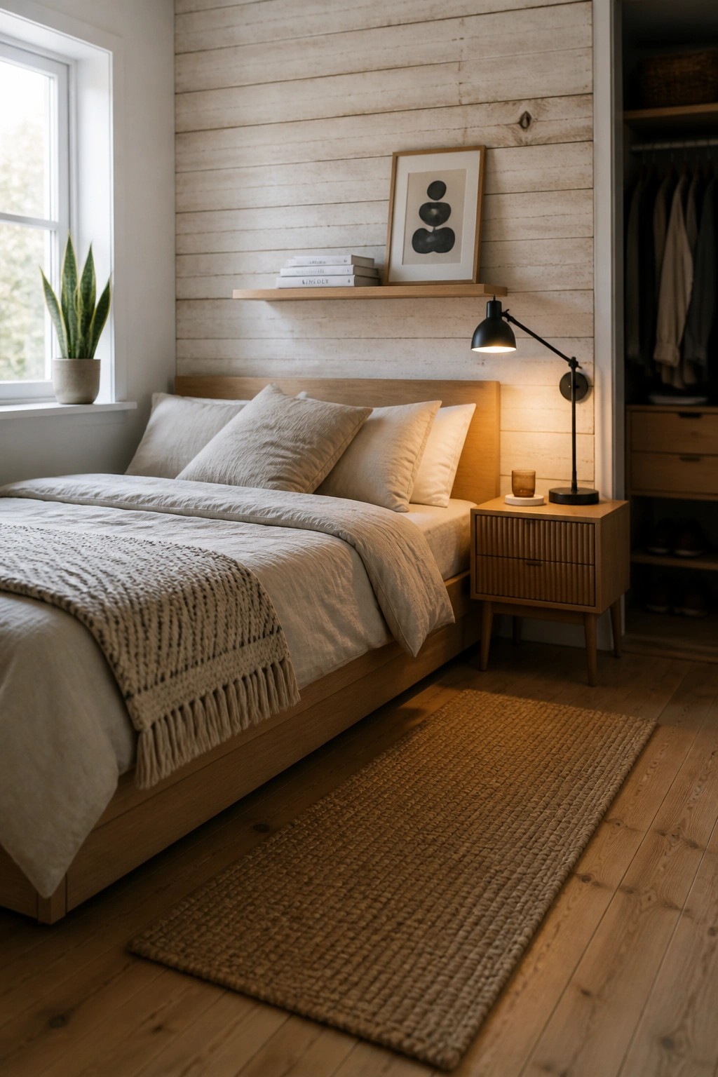 A bedroom featuring a light horizontal wood plank wall behind a bed with neutral bedding, a nightstand with a lamp, and a woven rug on the wood floor.