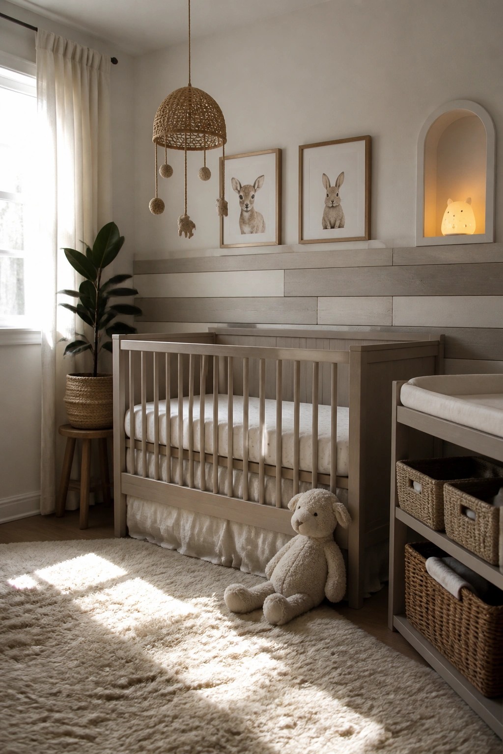 A nursery featuring a wooden crib against a wall covered in horizontal light wood planks, with framed animal prints above and a stuffed lamb on a fluffy rug.