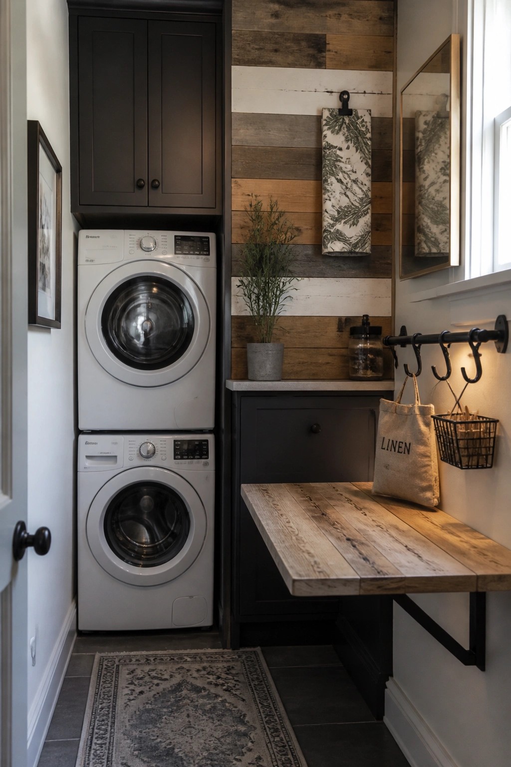 Stacked white washer and dryer in rustic laundry room with wooden bench