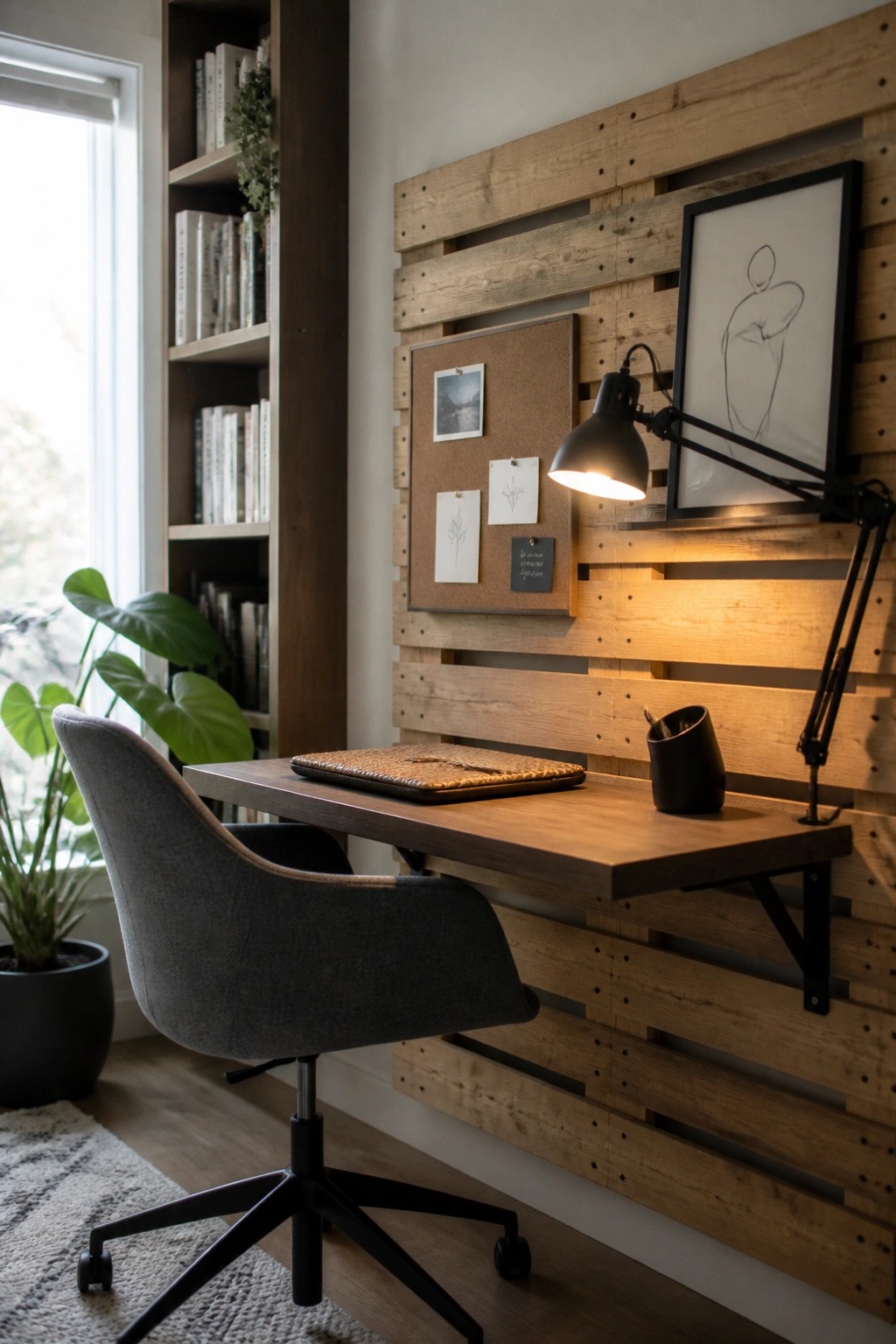 A home office with a wooden pallet accent wall, floating wood desk, black adjustable lamp, corkboard with papers, gray office chair, and nearby bookshelf.
