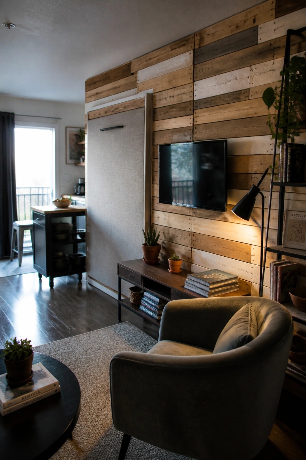 A living room with a horizontal reclaimed wood wall behind a wall-mounted television, a dark media console below it, and a gray upholstered armchair in the foreground.