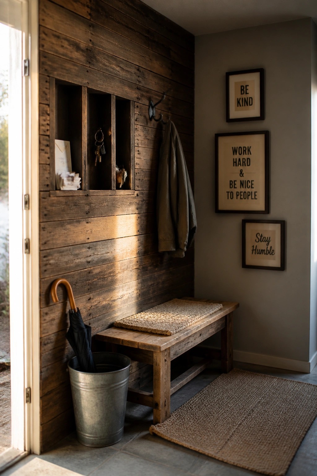 Rustic wooden entryway with bench, cubbies, hanging coat, umbrella bucket, and framed quotes