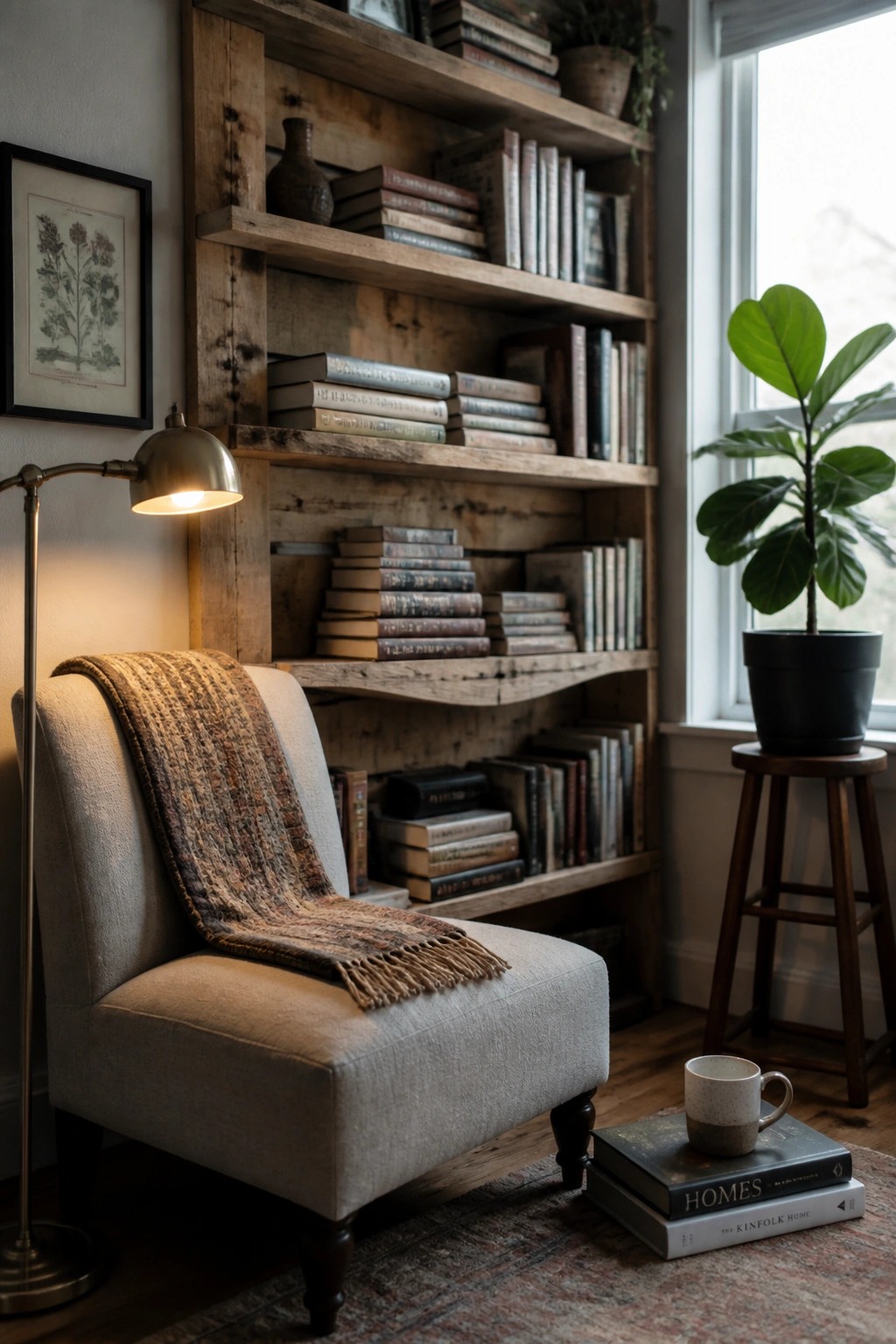 A cozy reading nook with a light gray armchair draped in a woven throw, positioned in front of rustic wooden pallet shelves filled with books, next to a lit floor lamp and a potted plant on a stool by the window.