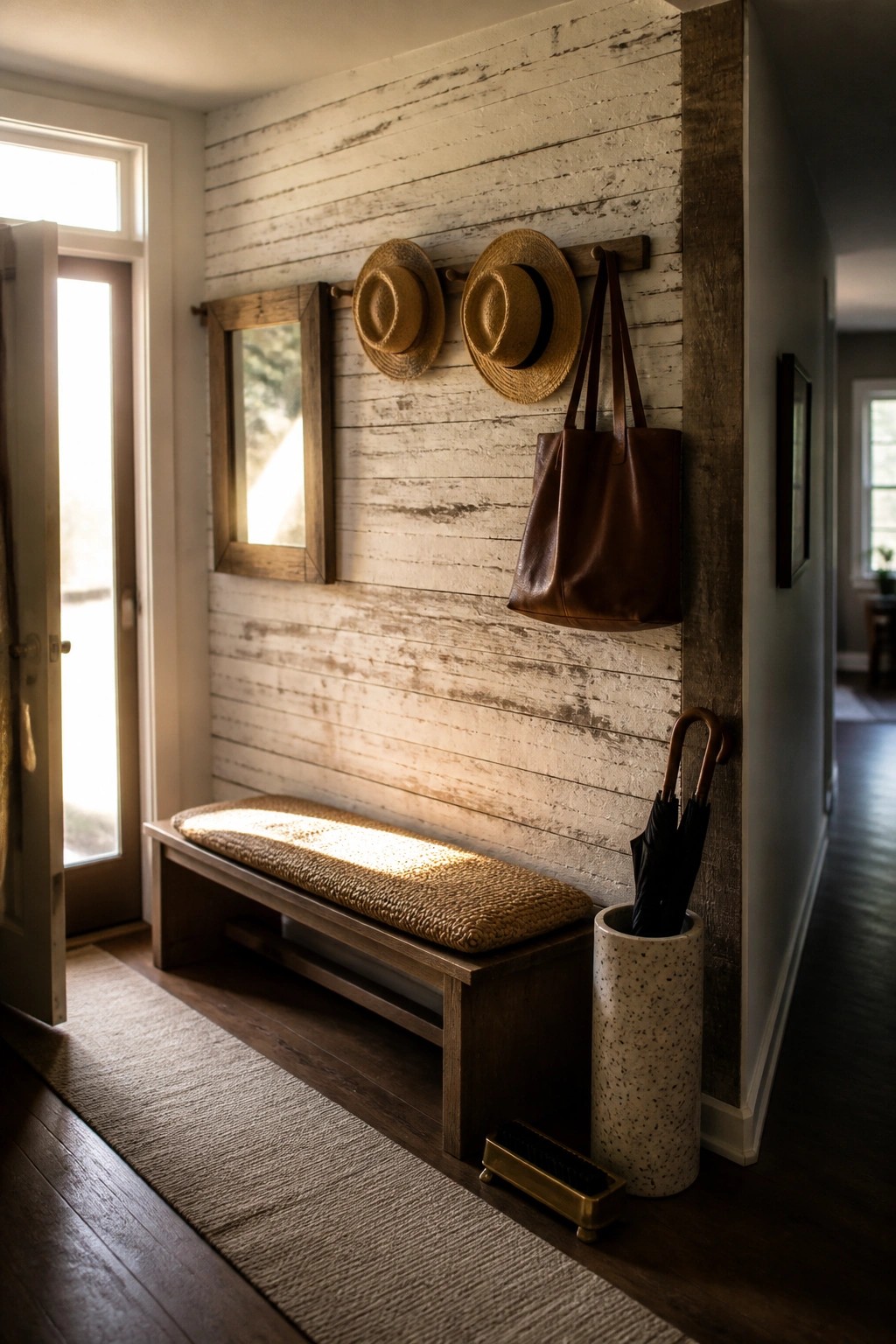 A small interior entry area with a whitewashed pallet wood accent wall, wooden hooks holding hats and a leather tote, a bench with a woven cushion, and an umbrella holder on the floor.