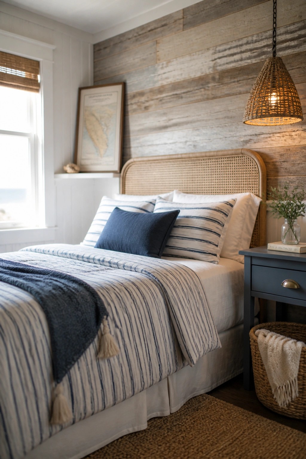 A bedroom with a bed against a wall of horizontal reclaimed wood planks, featuring a woven headboard and striped bedding.