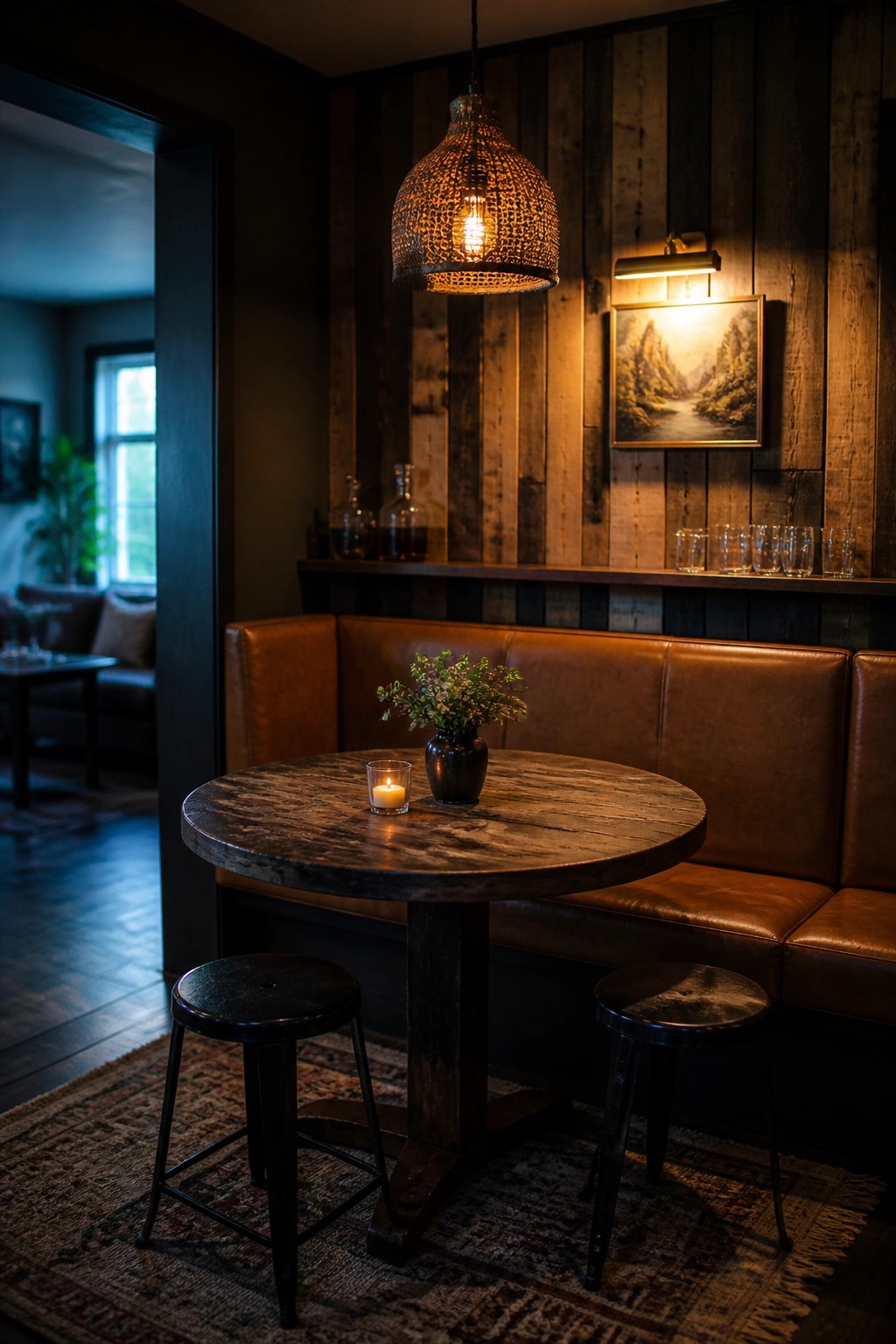 Interior corner with a round wooden table, brown leather booth seating, two black stools, and a wall of vertical reclaimed wood planks in varying brown tones.