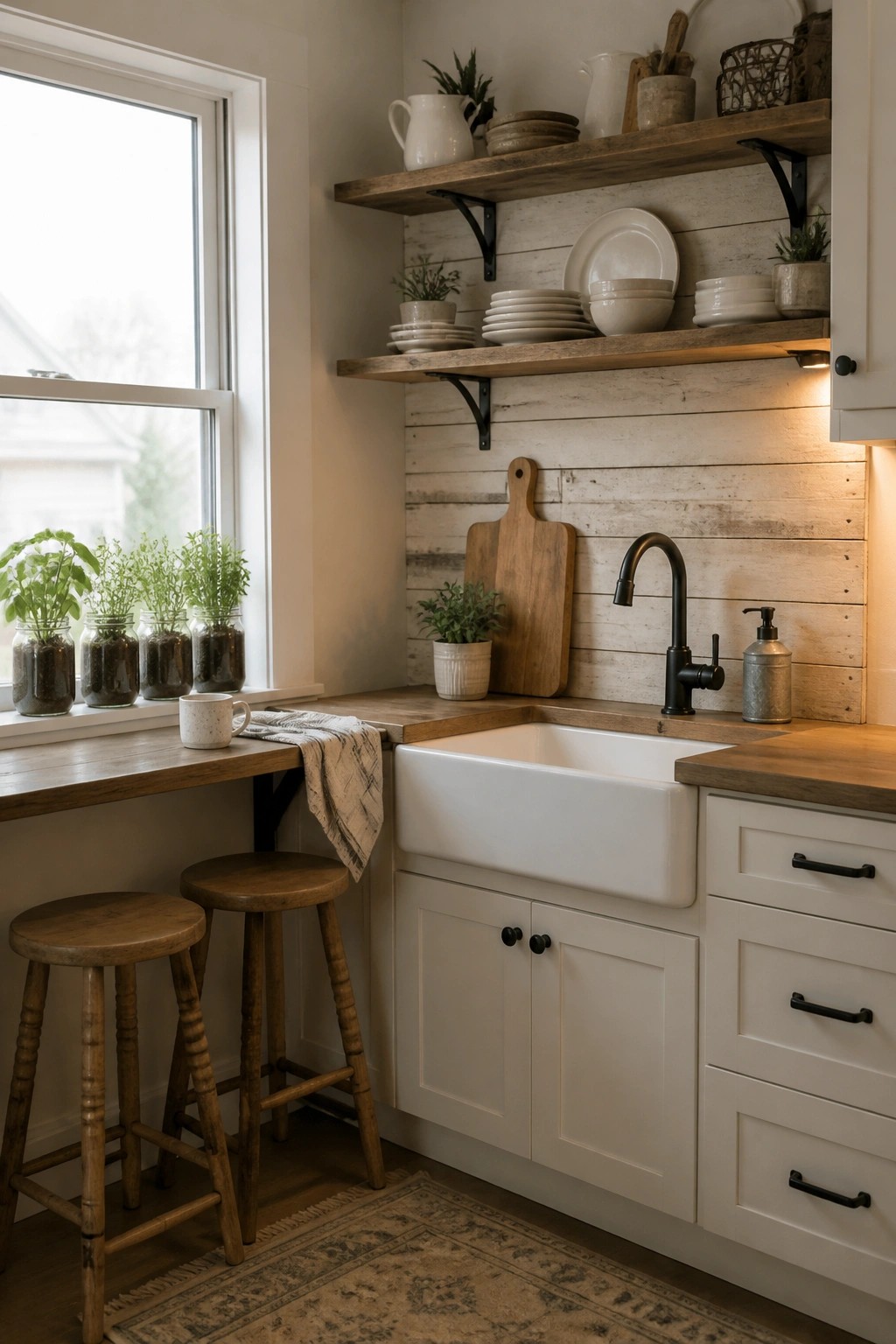 A small kitchen corner with a white farmhouse sink, black faucet, white cabinets, open wooden shelves on a whitewashed horizontal plank wall, and a wooden countertop with stools by a window.