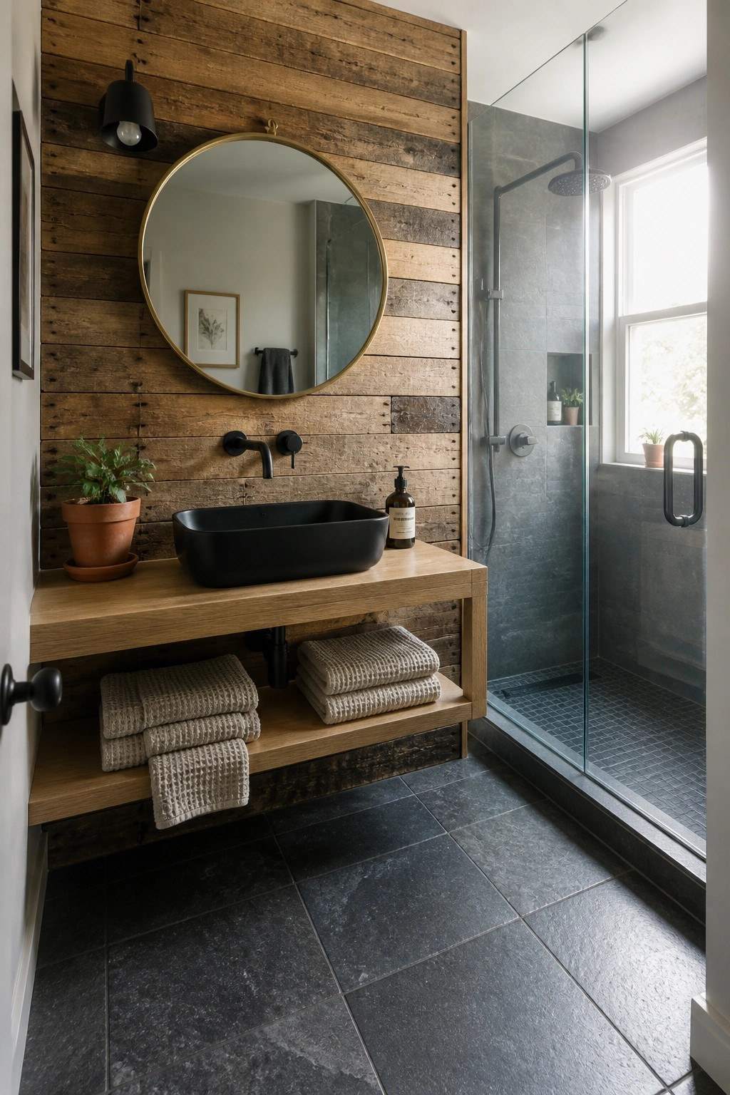 A small bathroom features a reclaimed wood accent wall behind a floating wood vanity with a black vessel sink, round mirror, and glass shower enclosure.