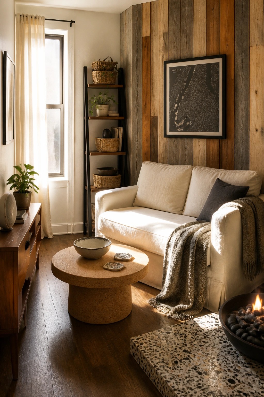 A living room corner showing a white sofa against a vertical reclaimed wood plank wall with mixed brown tones and a round coffee table in the foreground.