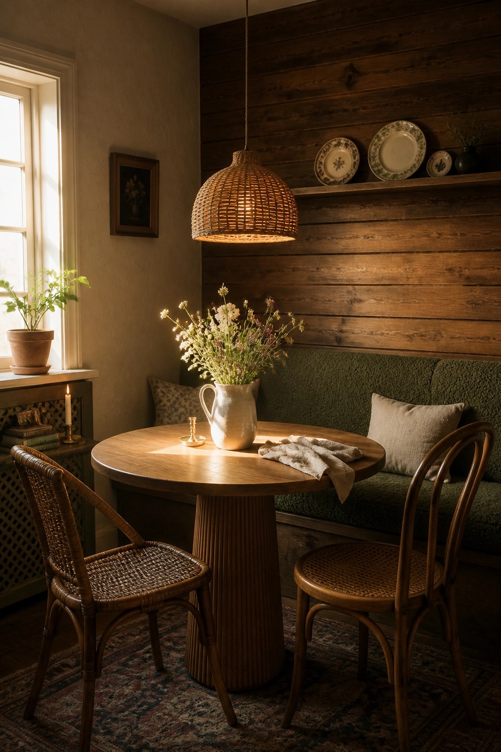 A small dining nook with a round wooden table, two woven chairs, a green upholstered bench, and a dark horizontal wood plank wall with plates on a shelf.