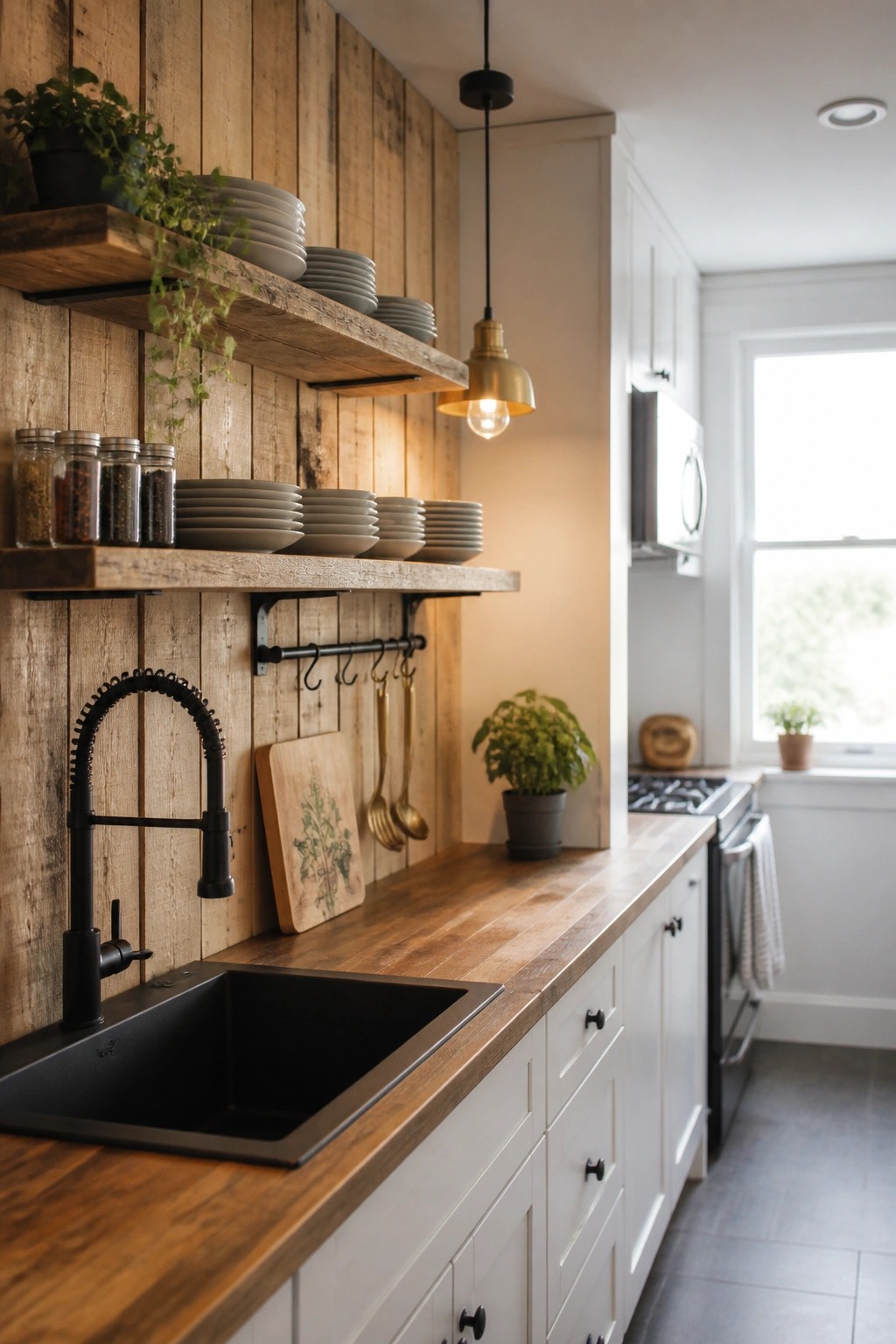 A kitchen with a black sink and wooden countertop against a vertical wood plank wall, featuring open wooden shelves holding white plates and glass jars.