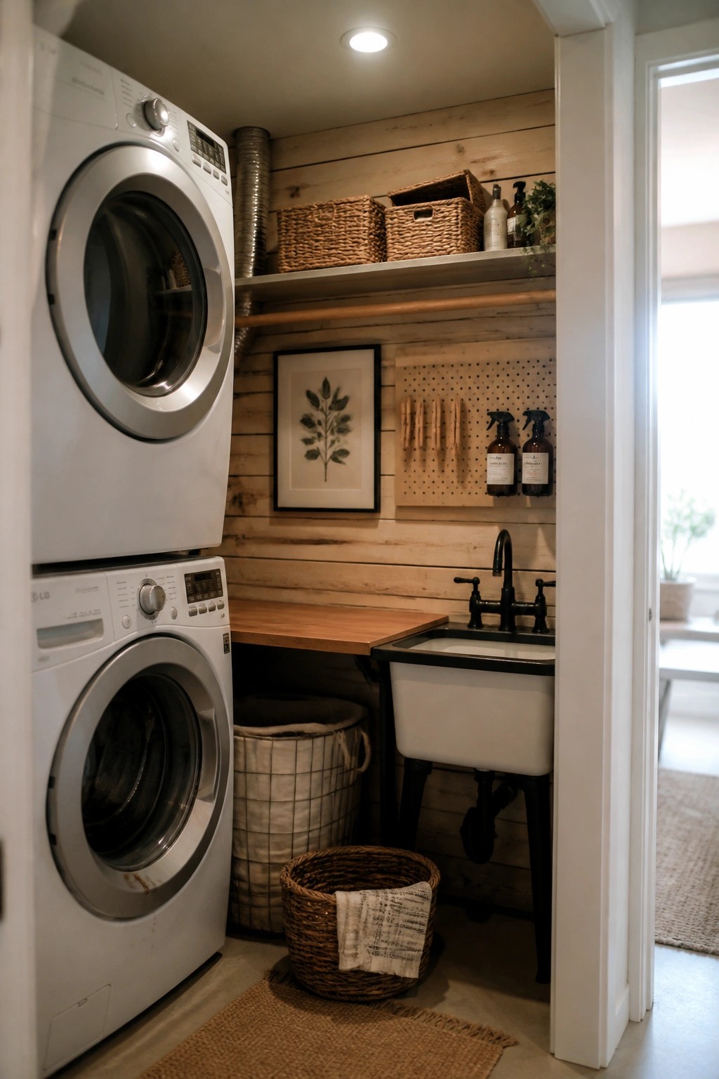 A small laundry room with stacked white front-loading washer and dryer on the left, a white sink with black faucet on the right, and walls lined with horizontal wood planks.