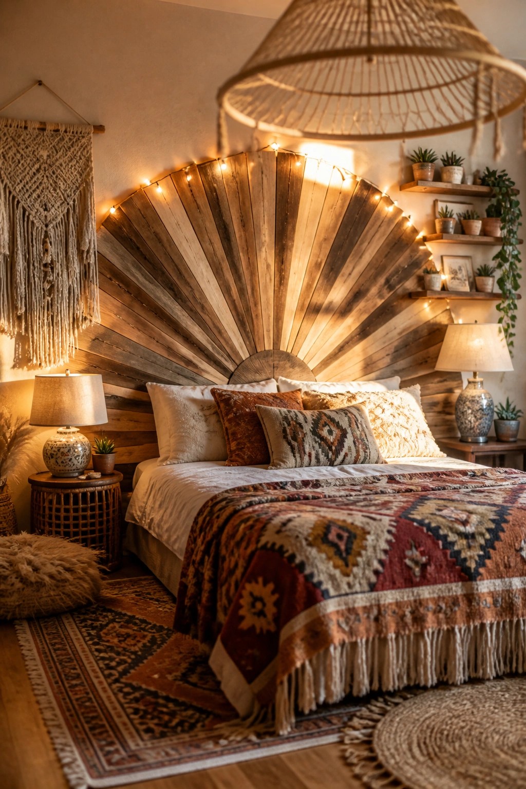 Cozy bohemian bedroom with sunburst wooden headboard, string lights, and patterned textiles.
