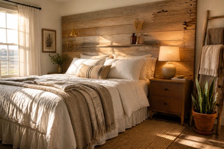 19 Charming Pallet Headboard Wall Ideas for Cozy Bedroom Character A bedroom with a headboard wall made of horizontal reclaimed wood planks, a bed with white and beige bedding, a wooden nightstand, and a wall-mounted lamp.