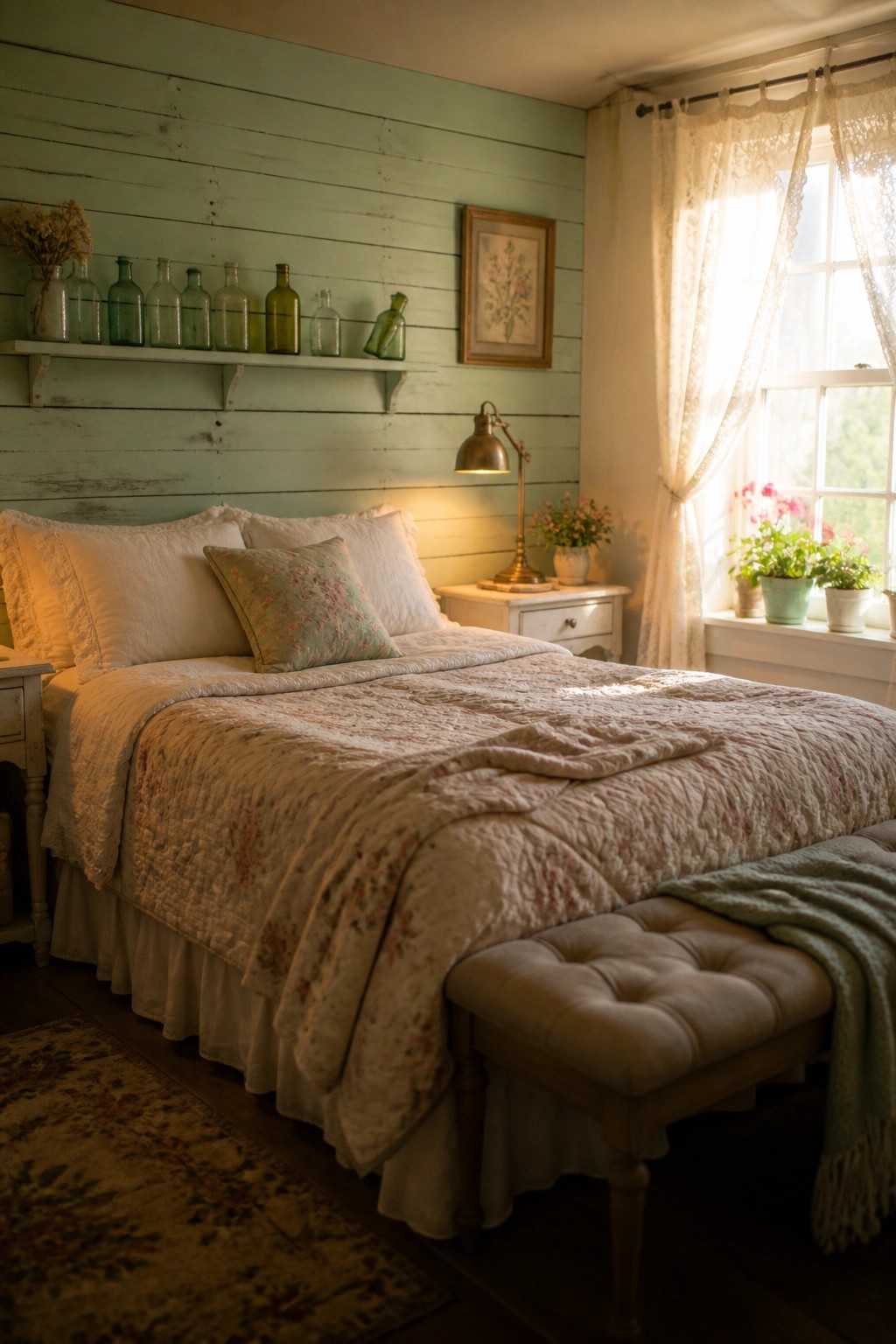 A bedroom featuring a bed with floral bedding set against a light green wooden plank wall, with a small bench at the foot of the bed and a window to the right.