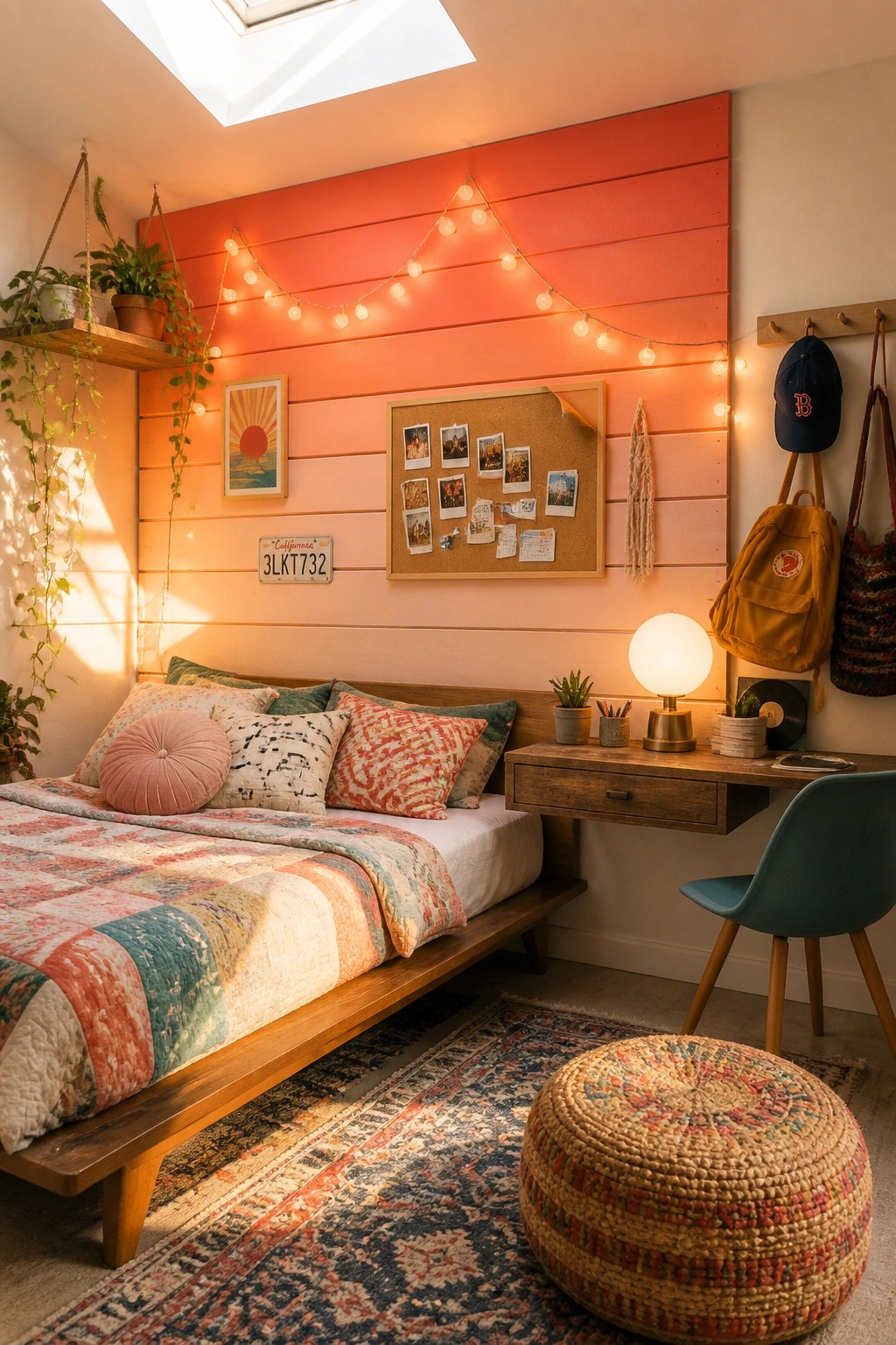A bedroom with a wooden platform bed against a wall of horizontal orange and pink painted planks, decorated with string lights, a corkboard, and pillows on the bed.
