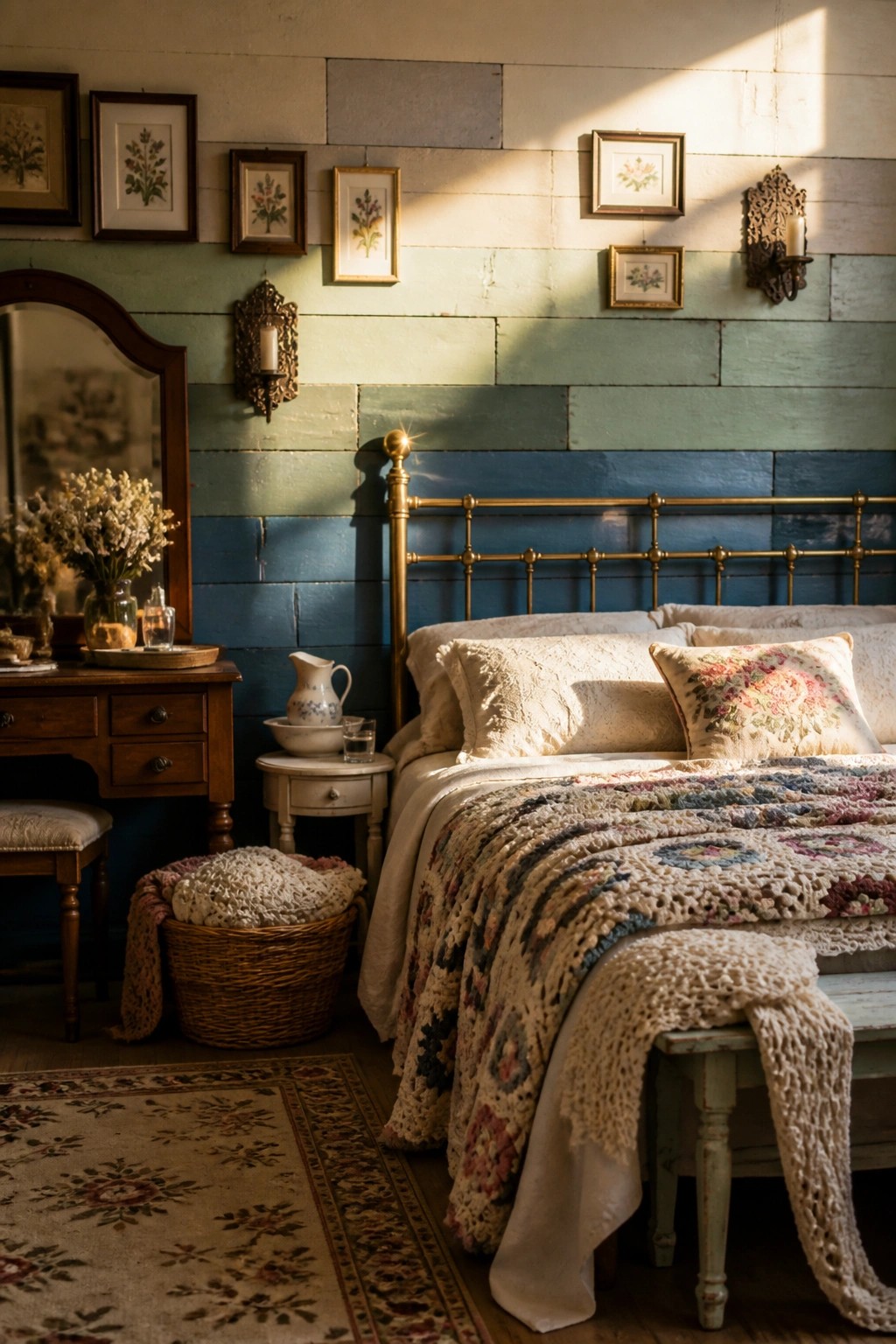A bedroom with a brass headboard bed set against a wall of horizontal wooden planks painted in soft green and blue tones, with a crocheted blanket and framed art on the wall.