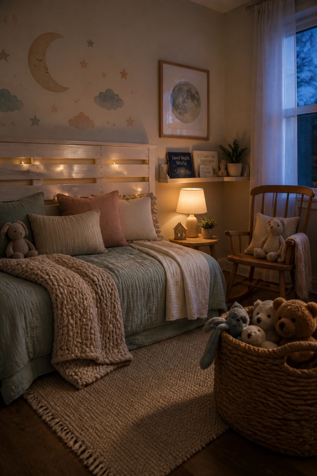 A bedroom scene showing a whitewashed pallet headboard with string lights threaded through the slats, a bed with soft blue and beige bedding, and a basket of stuffed animals on the floor.