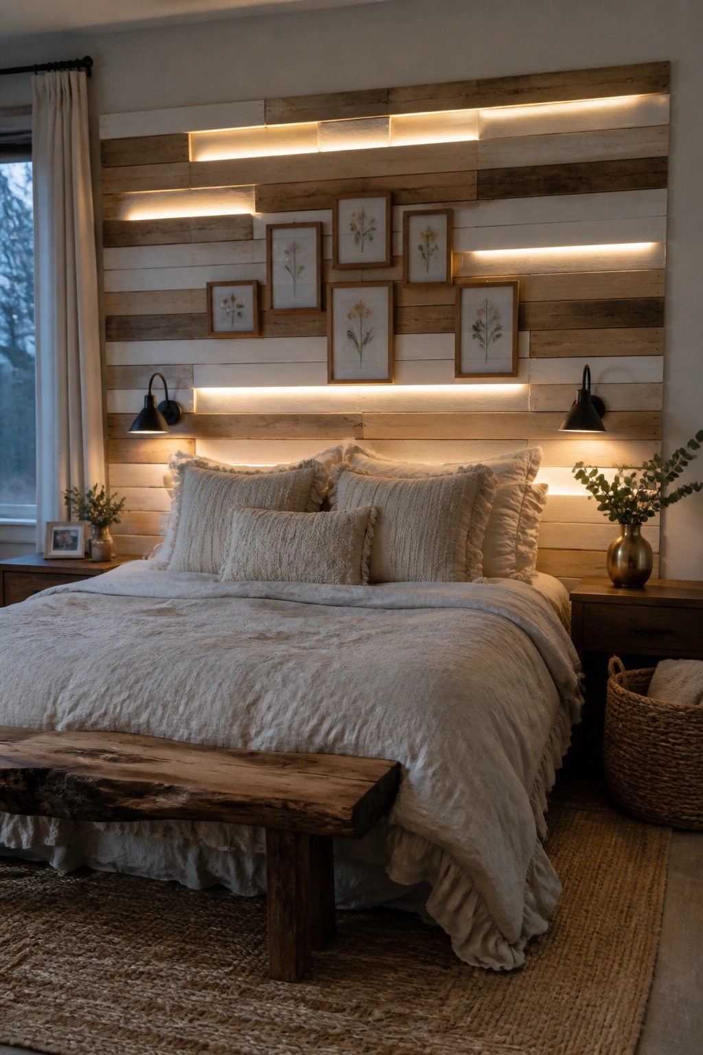 Cozy bedroom with beige ruffled bedding, wooden bench, and illuminated plank wall