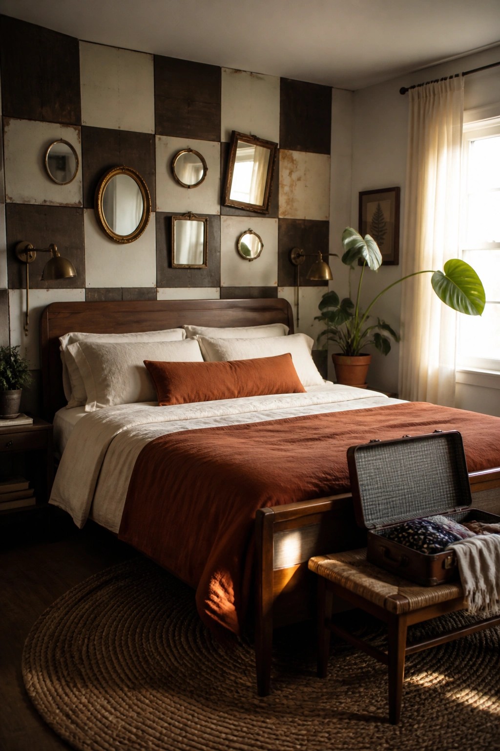 A bedroom featuring a bed against a wall covered in patchwork reclaimed wood panels with several small mirrors attached.