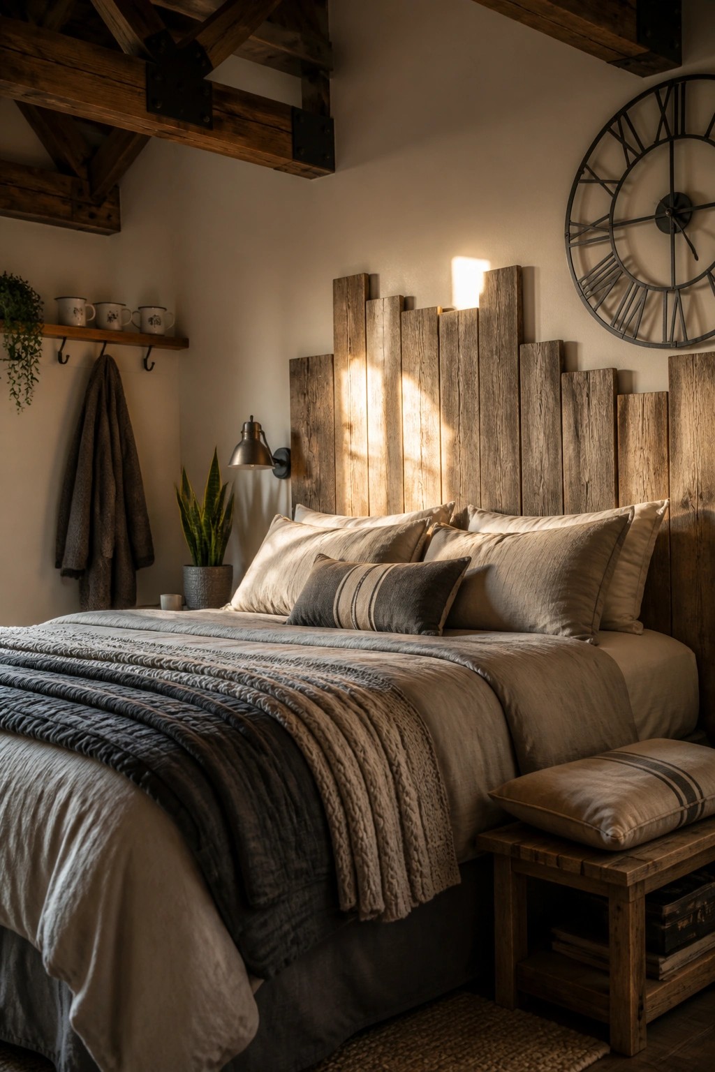 A bedroom featuring a bed with neutral linens positioned against a headboard wall made of vertical reclaimed wood planks.