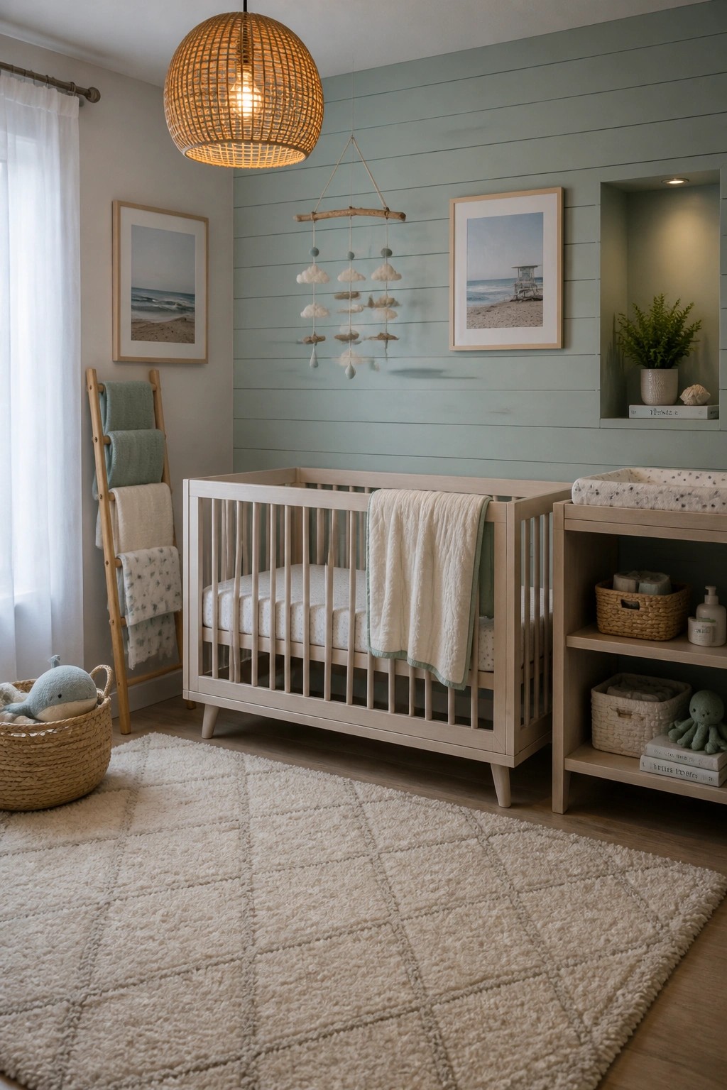 A light wood crib sits in front of a sage green horizontal shiplap wall in a nursery, with a cloud mobile above and two framed beach prints on the wall.