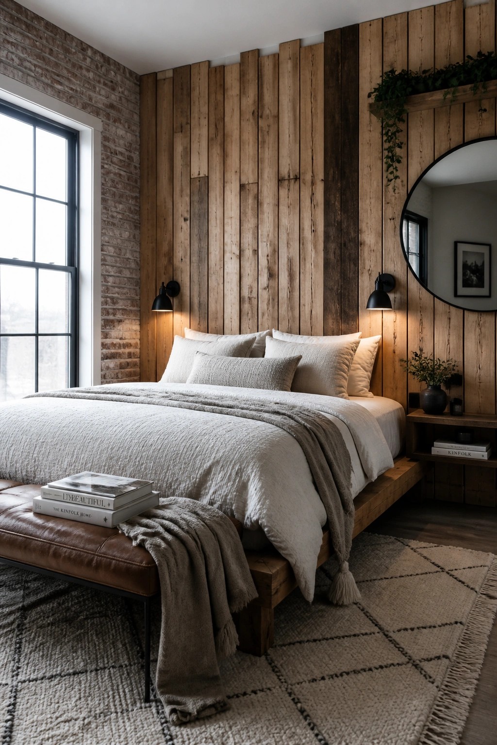 A bedroom featuring a bed with white and beige bedding placed against a vertical wood plank accent wall, flanked by two black wall sconces.