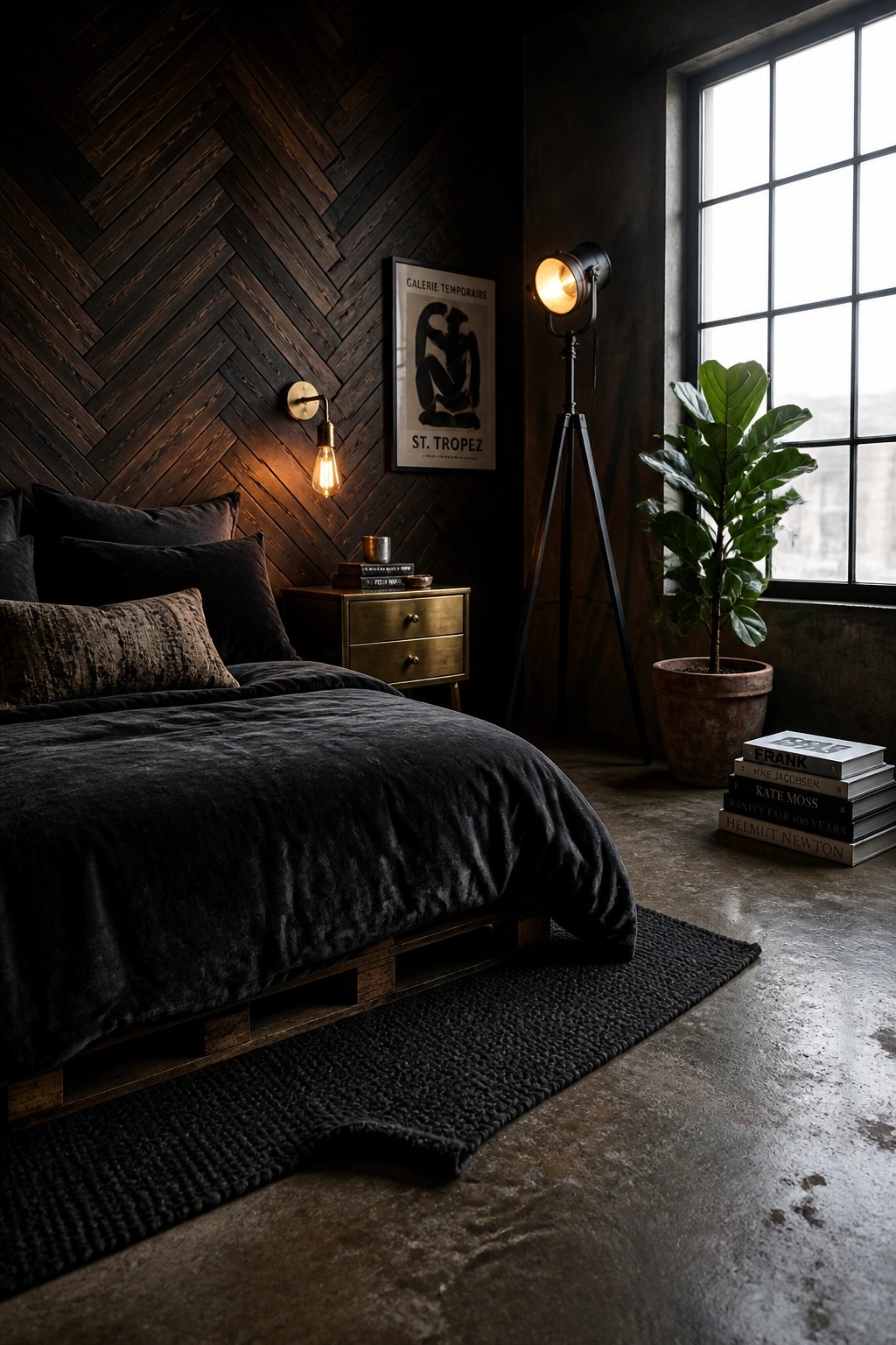 A bedroom featuring a bed on a dark wooden pallet base against a herringbone wood wall, with a nightstand, floor lamp, and potted plant near a large window.