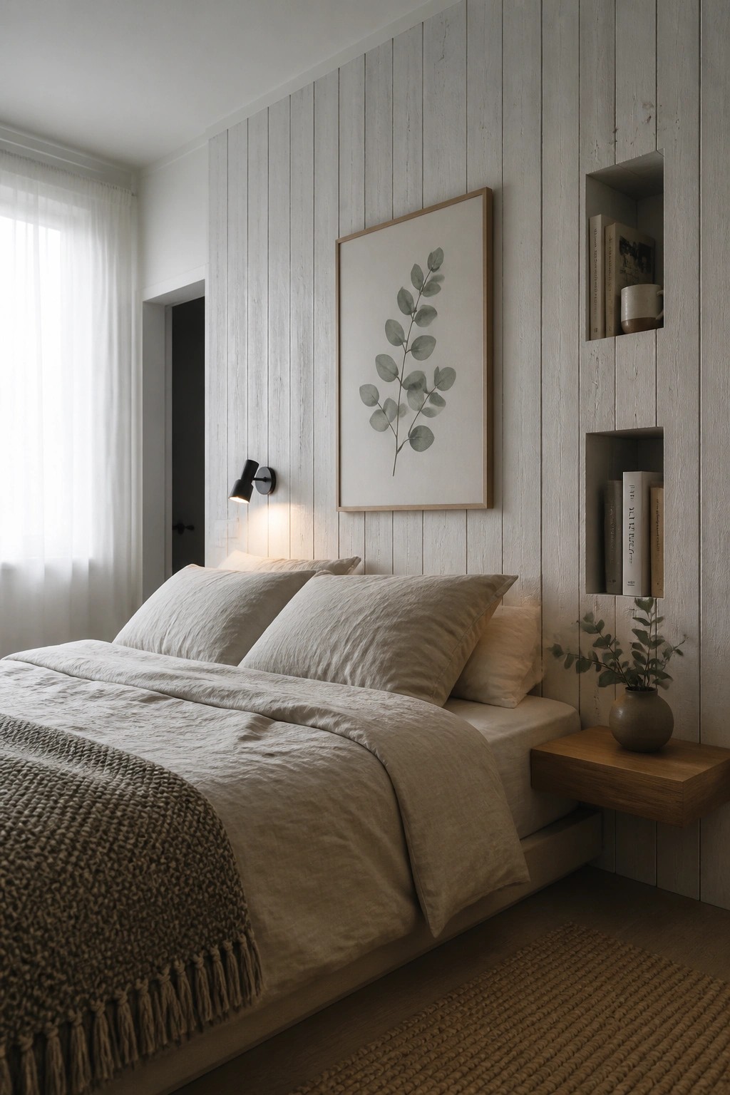 A bedroom with a bed in beige linens set against a vertical light wood plank wall with a framed botanical print and built-in shelves holding books.