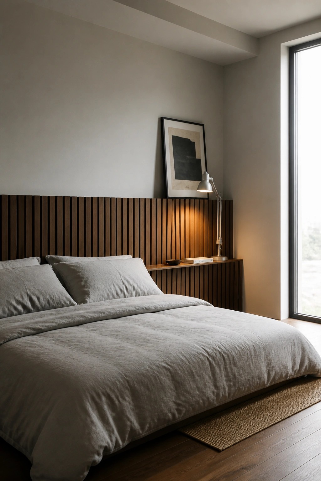 A bedroom with gray linen bedding on a low bed set against a wall of vertical dark wood slats, a narrow wood ledge holding a lamp and books, and a framed artwork above.