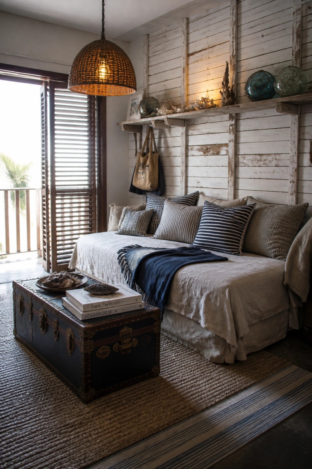 A bedroom interior with a bed positioned against a whitewashed wooden plank wall, layered pillows, a blue throw, and a dark trunk used as a table in front.