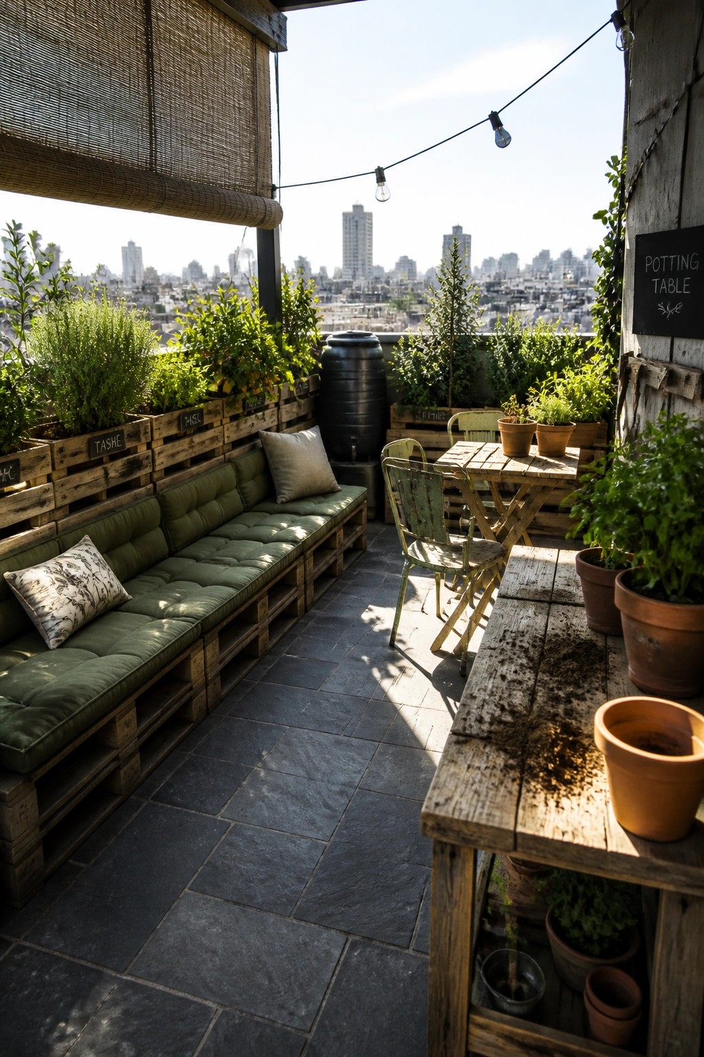A rooftop patio featuring a long wooden pallet bench with green cushions, a rustic table with metal chairs, potted plants, and a city skyline in the background.