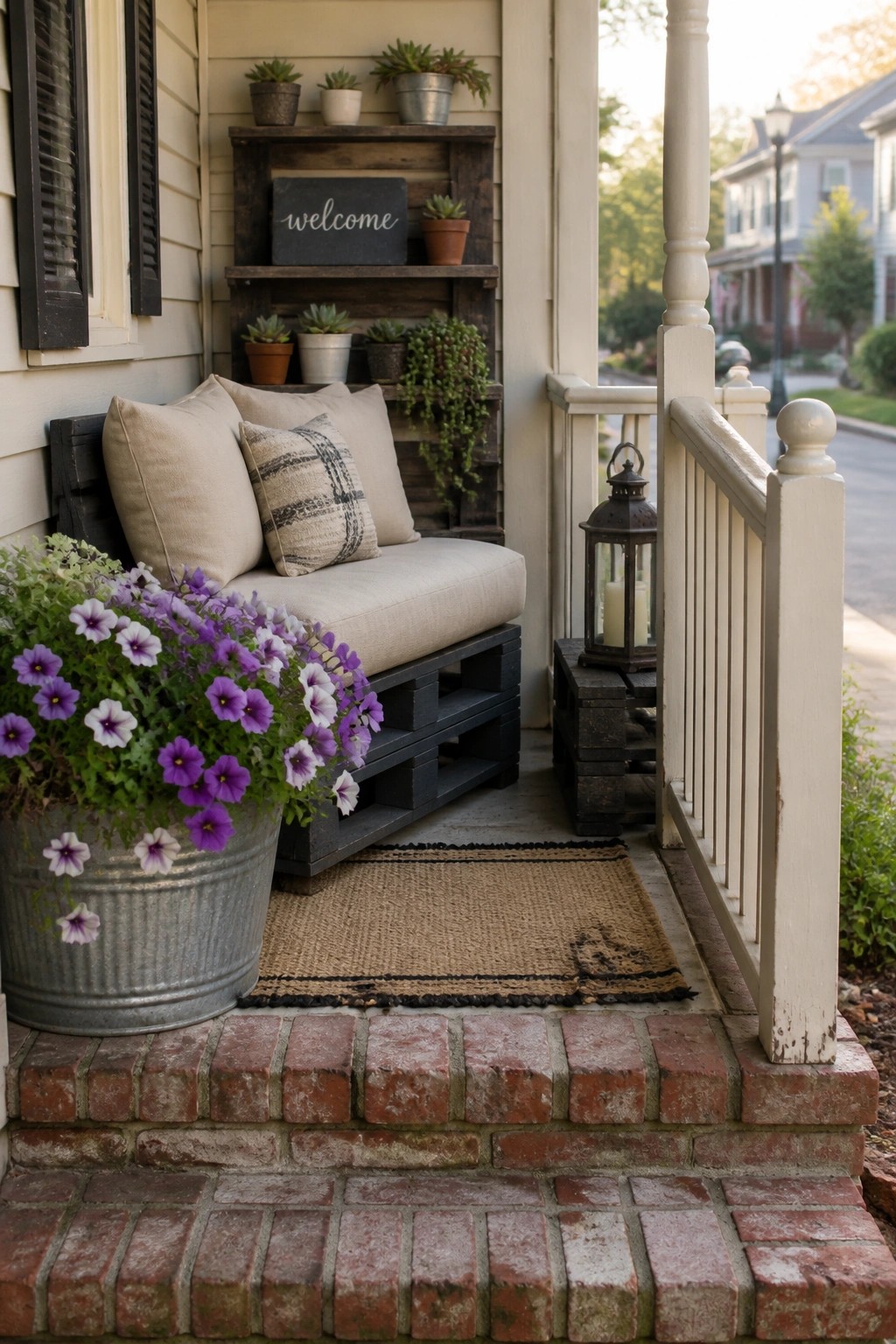 A front porch features a black-painted pallet bench with beige cushions, a metal planter with purple flowers on the left, and wooden shelves holding succulents above the bench.