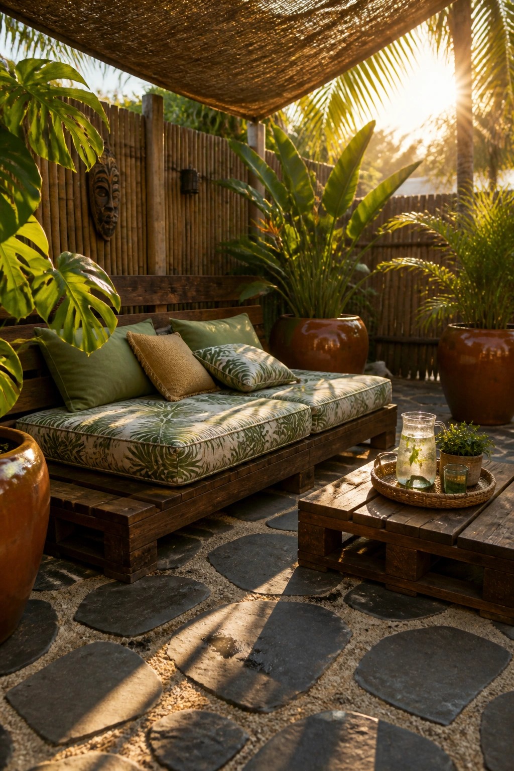 A low wooden pallet daybed with cushions sits on a stone patio beside a matching pallet table, with large potted plants and a thatched shade overhead.