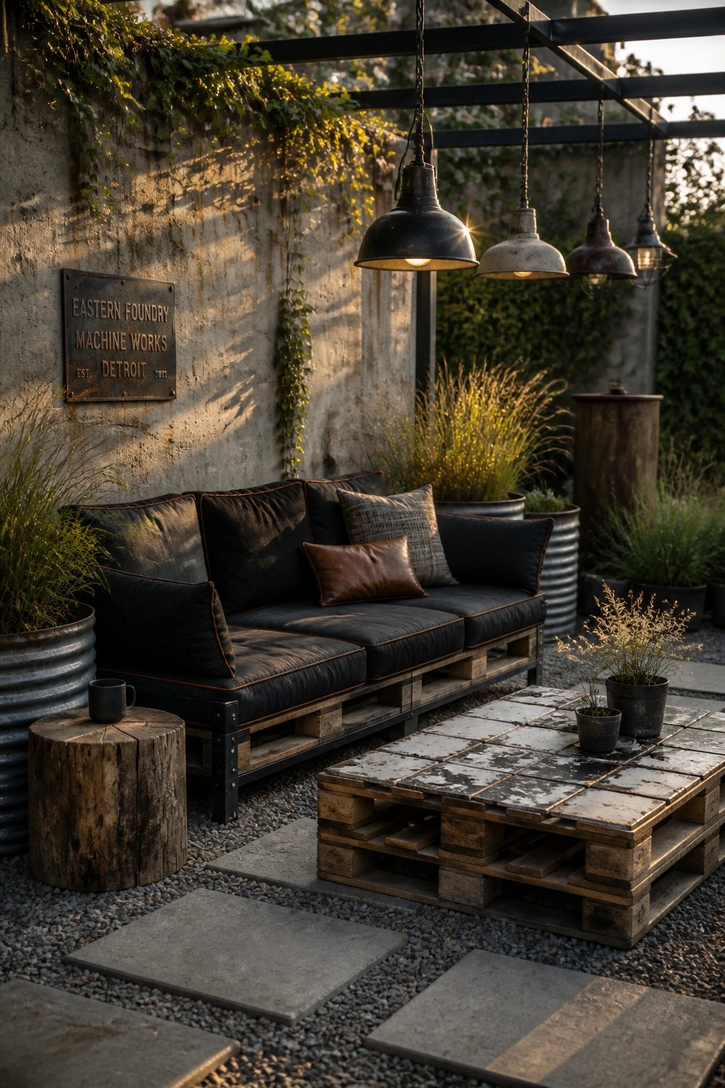 A pallet sofa with dark cushions and a matching pallet coffee table sit on a gravel patio beside a concrete wall with hanging industrial lights.
