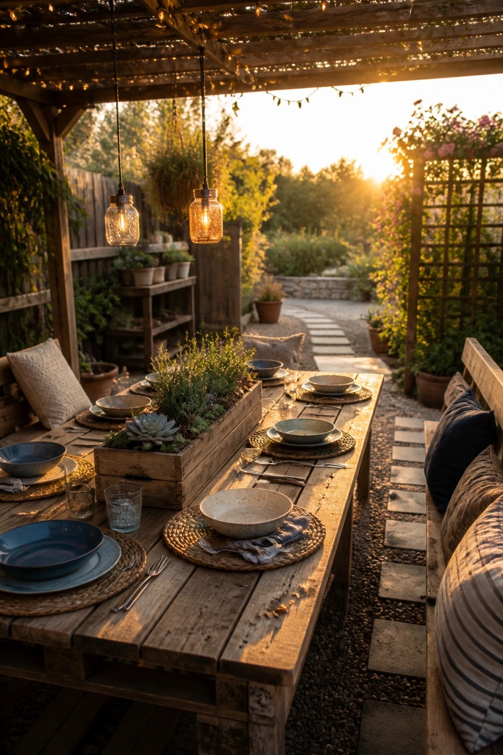A long wooden pallet table set with dishes and a central planter box on an outdoor patio at sunset.