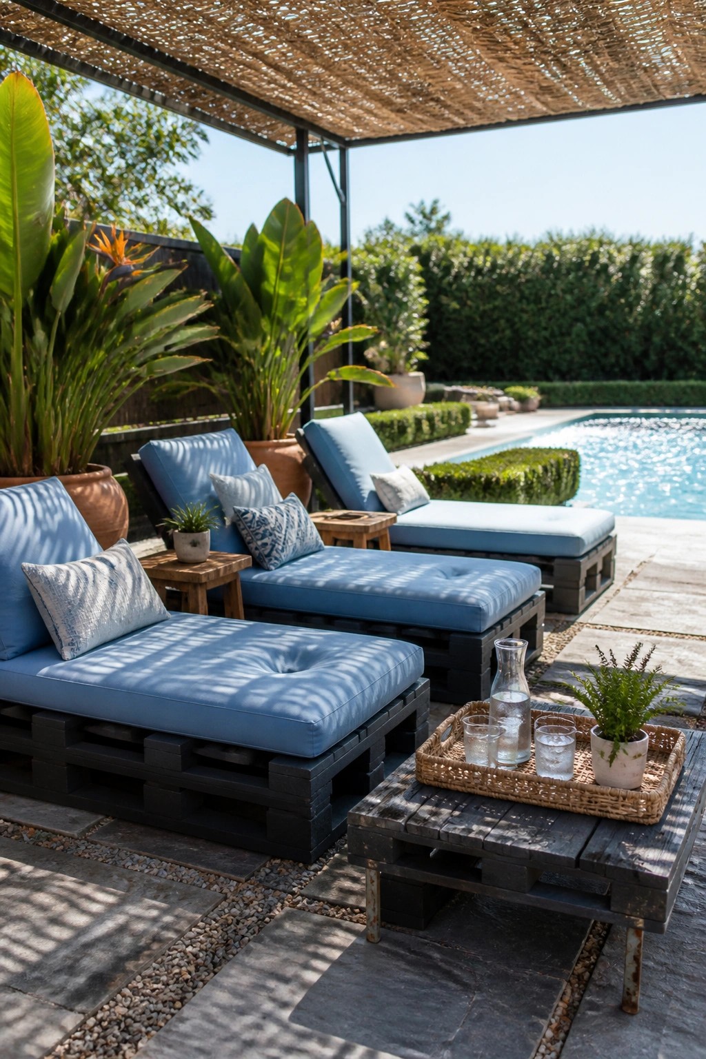 Two black pallet lounge chairs with blue cushions sit on a paved patio next to a pool, with a small pallet table holding a tray in the foreground.