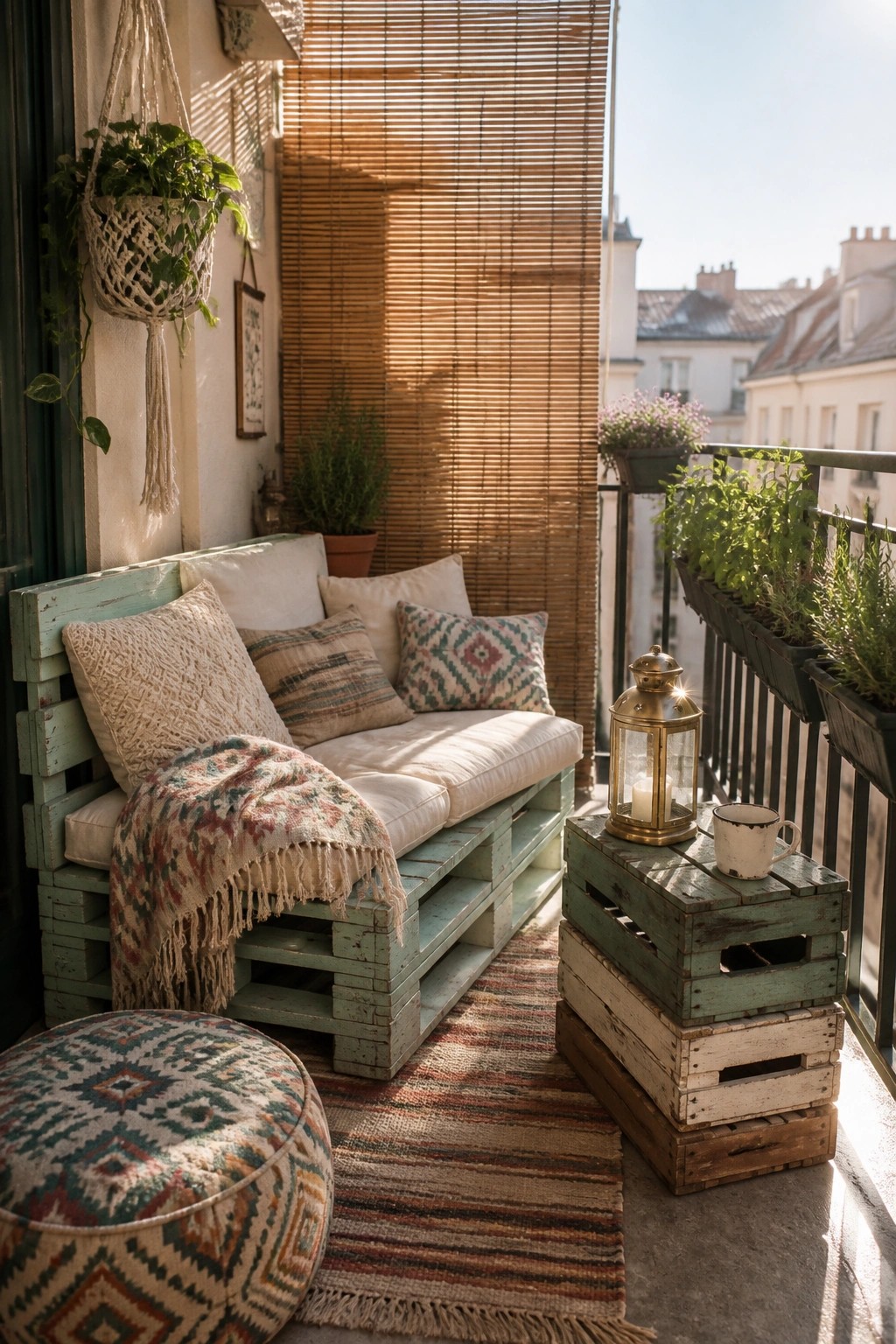 A balcony with a light green painted pallet sofa, white cushions, a patterned pouf on a striped rug, and stacked wooden crates holding a lantern and cup.