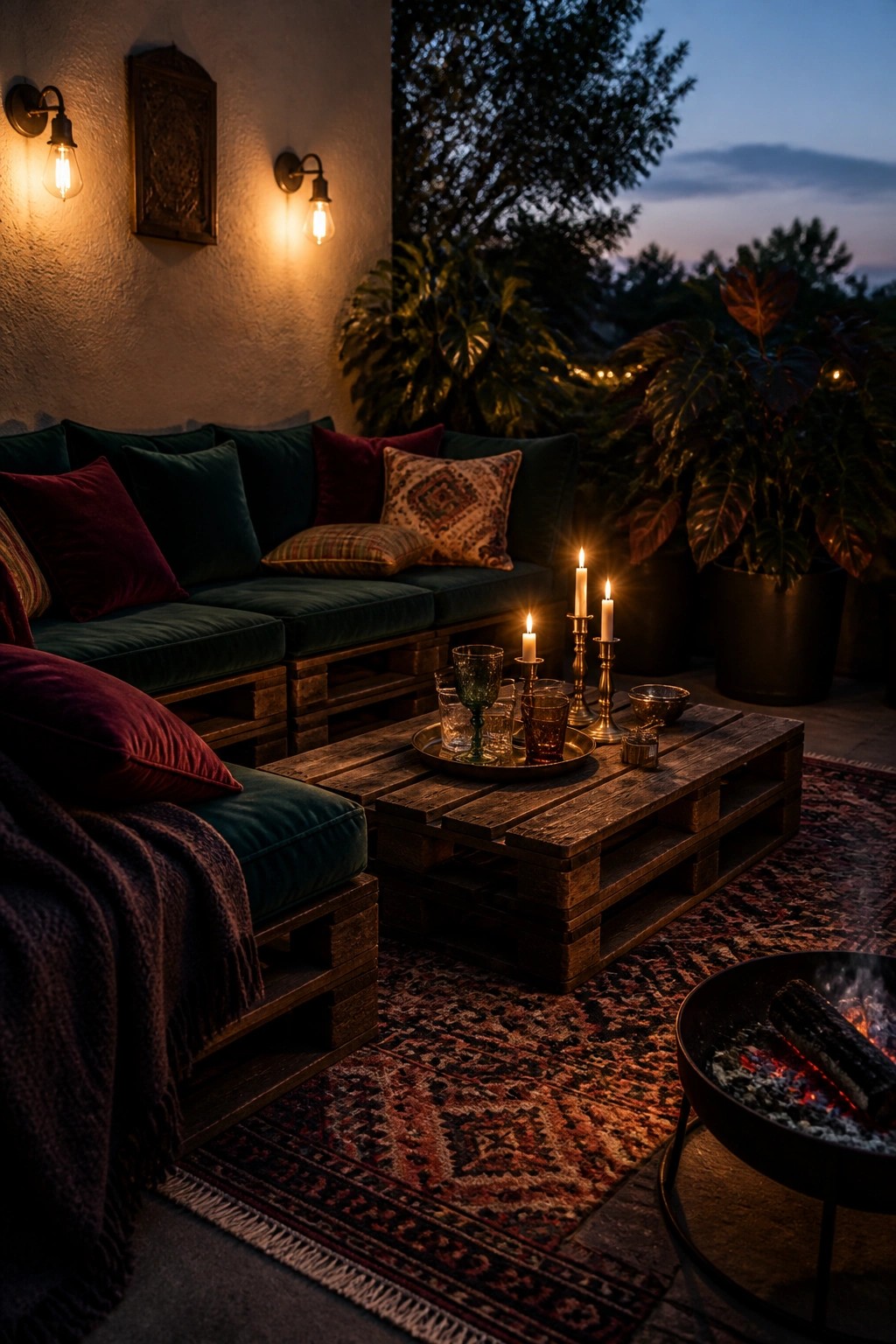 Cozy pallet sofa patio with candles, patterned rug, and fire pit at dusk.