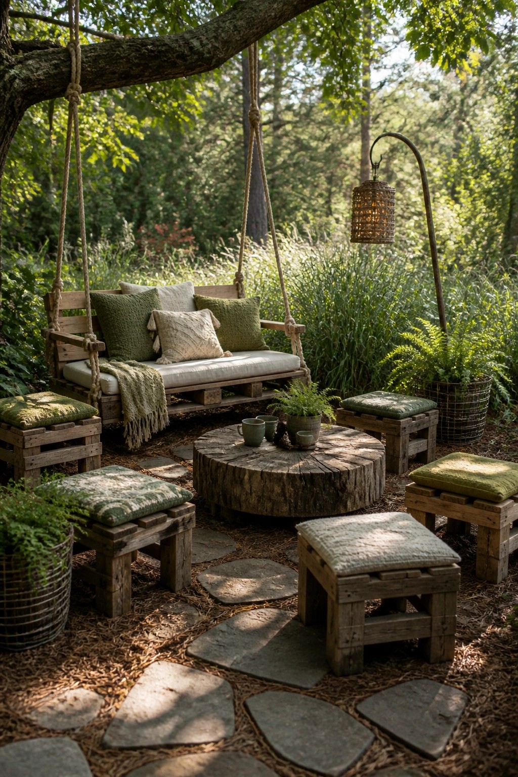 A wooden pallet swing with cushions hanging from a tree branch above a circular log table and several pallet stools on a stone path in a wooded area.