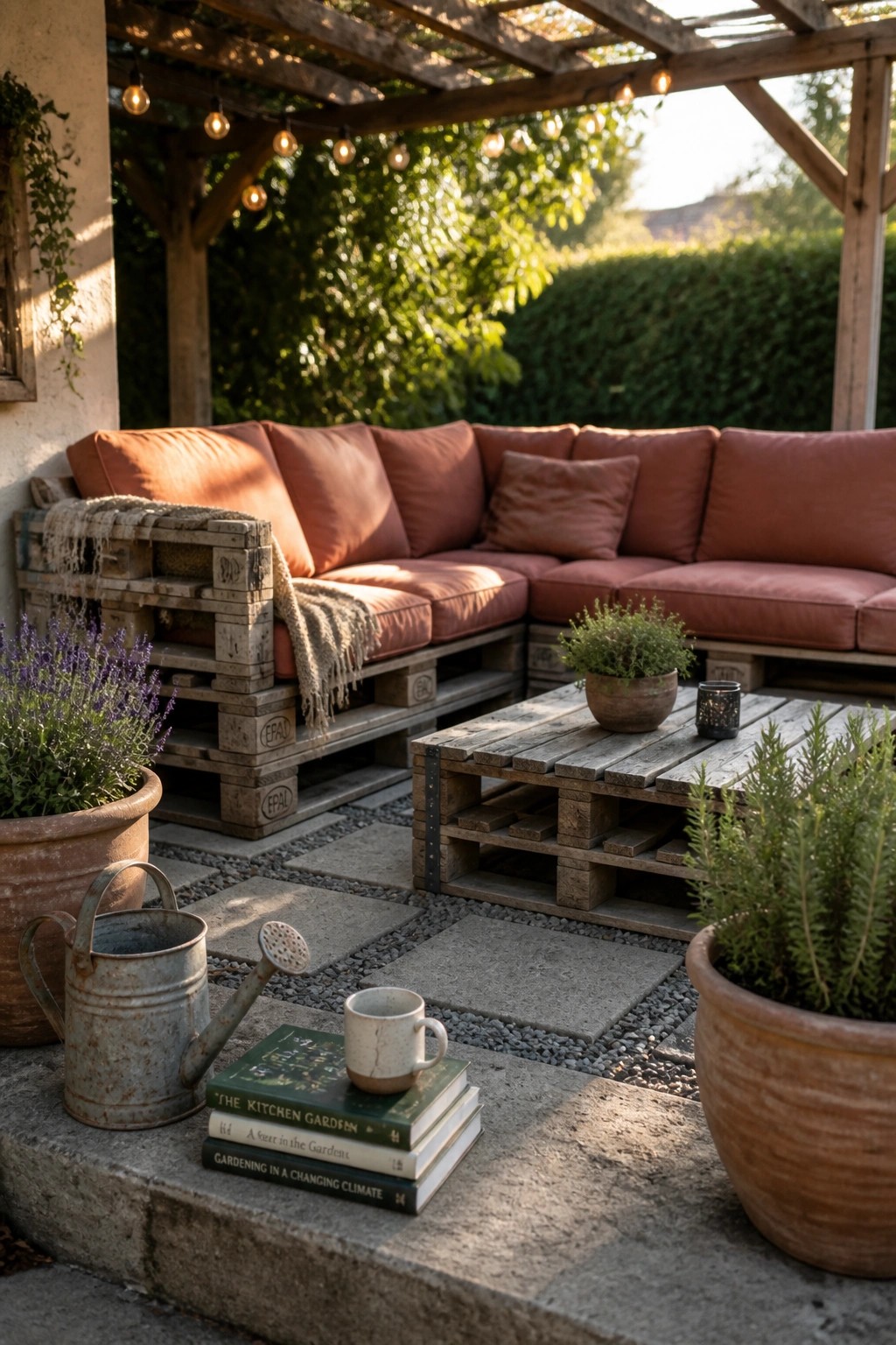 An outdoor patio with an L-shaped sectional sofa built from wooden pallets, fitted with terracotta cushions, a matching pallet coffee table, potted plants, and string lights above.