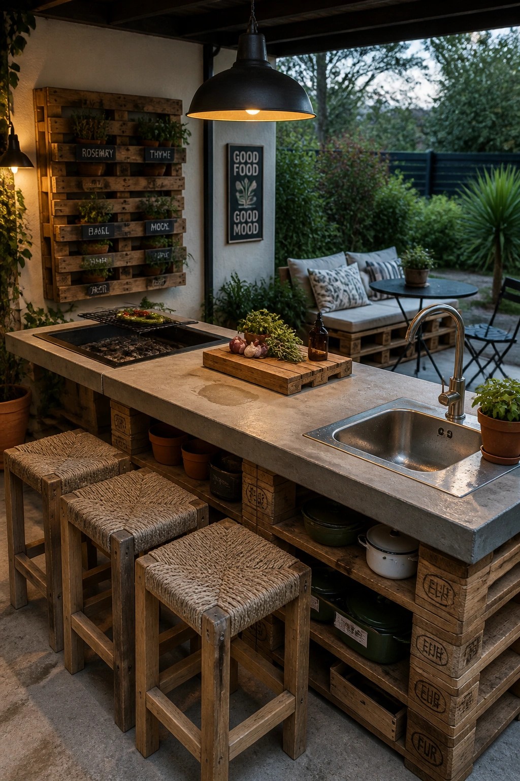 An outdoor kitchen counter made of concrete sits on stacked wooden pallets, with three woven-seat stools in front, a stainless sink on the right, and a grill area on the left.