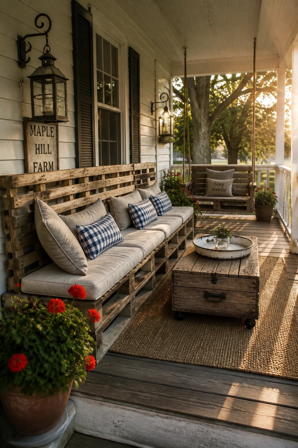 A long wooden pallet bench with cushions and pillows sits on a covered porch beside a pallet coffee table.