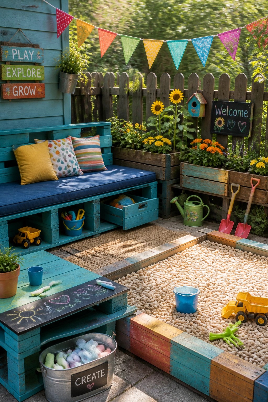 A backyard patio with a blue painted pallet bench that has storage drawers, a matching pallet table with a chalkboard top, and a wooden sandbox filled with pebbles and toys.